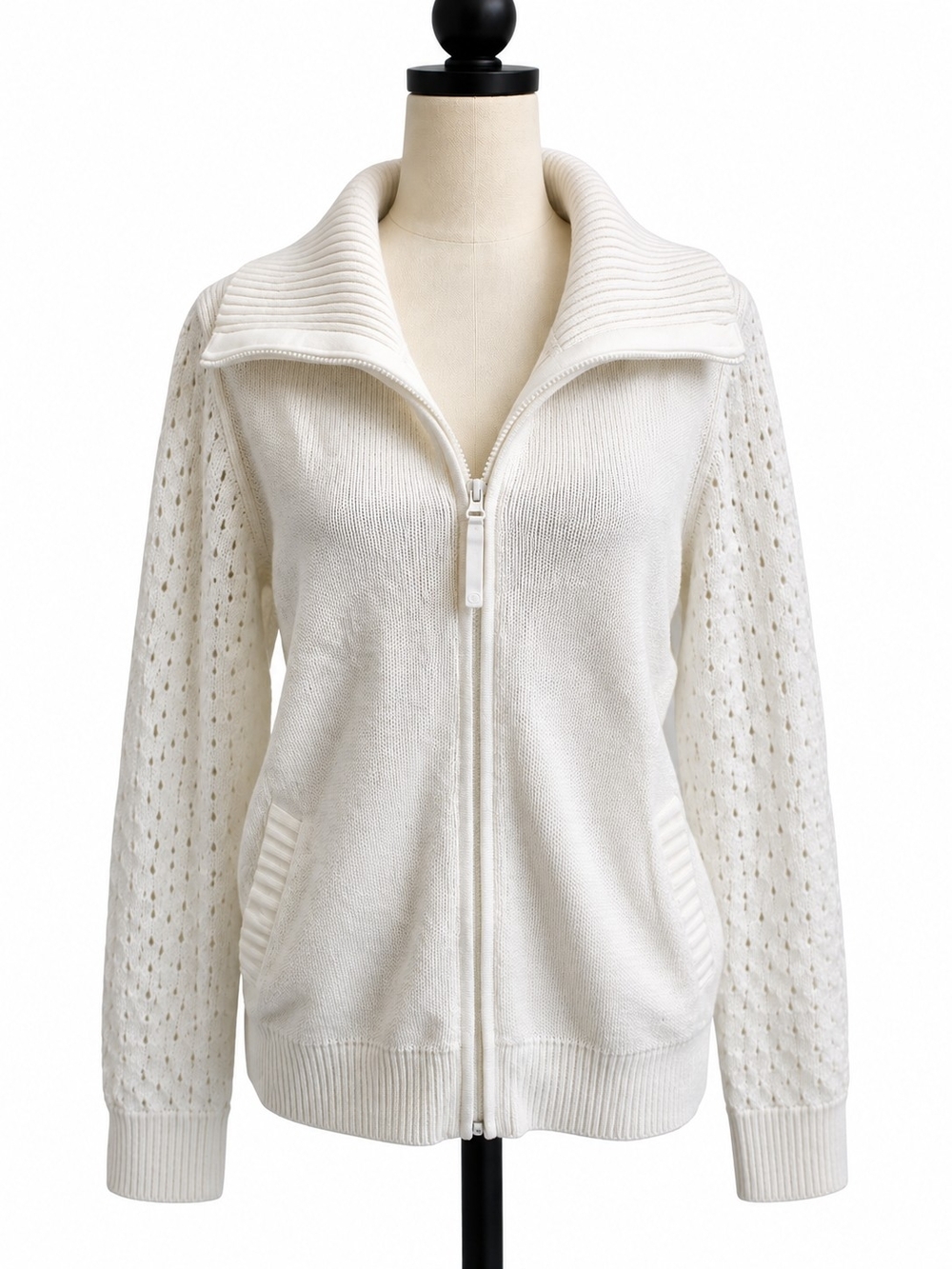 T by Talbots Women’s L White Eyelet Sleeve Full Zip Sweater Cardigan